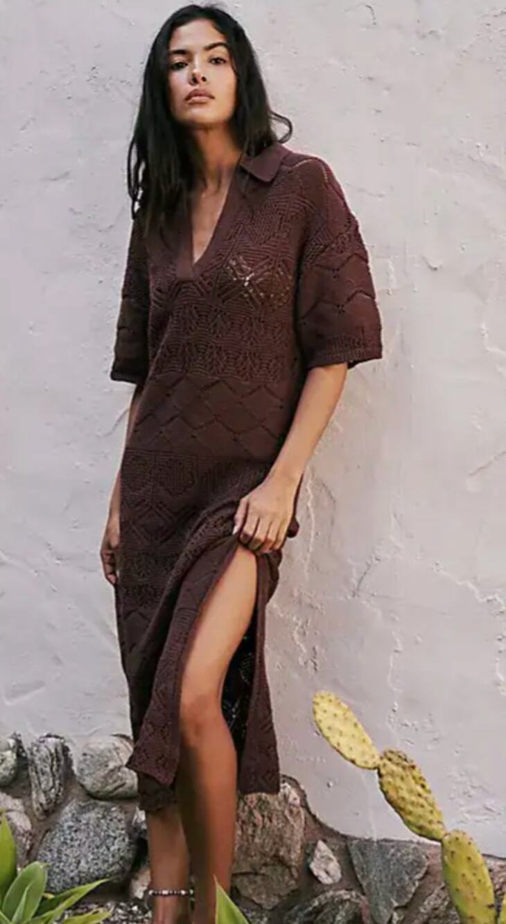 Free People Beach Islamorada Brown Crochet swim cover dress knit Y2K large